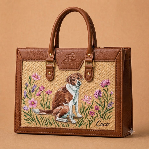 Custom Pet Portrait Botanical Woven Handbag – Personalized Structured Woven Bag | Caoson Premium