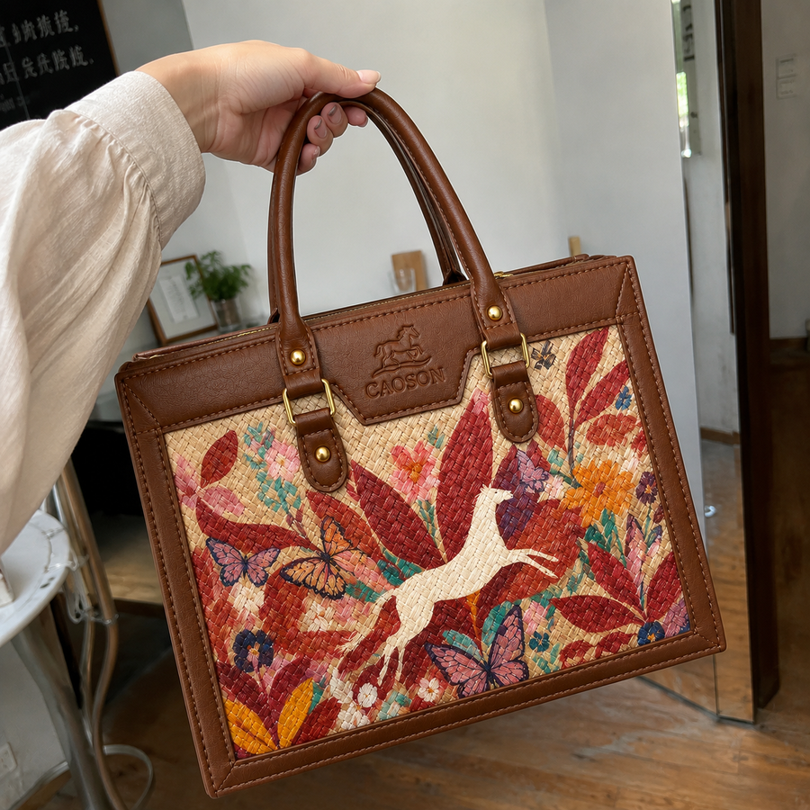 Custom Botanical Hand-Painted Bag – Personalized Structured Woven Bag | Caoson Premium