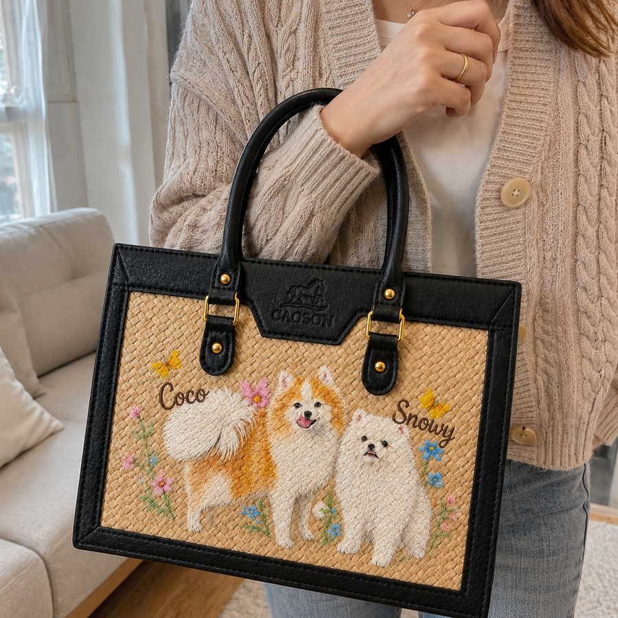 Custom Pet Portrait Botanical Woven Handbag – Personalized Structured Woven Bag | Caoson Premium