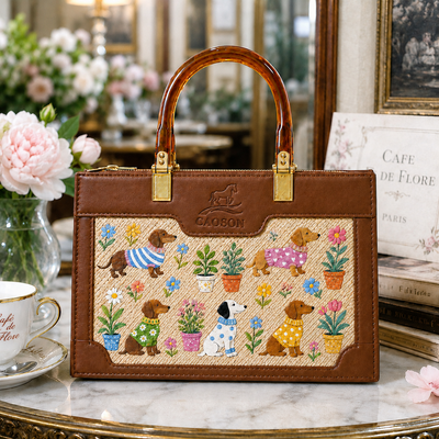 Hand-Painted Dachshund Garden Art Bag – African Empowerment Structured Woven Bag | Caoson Premium