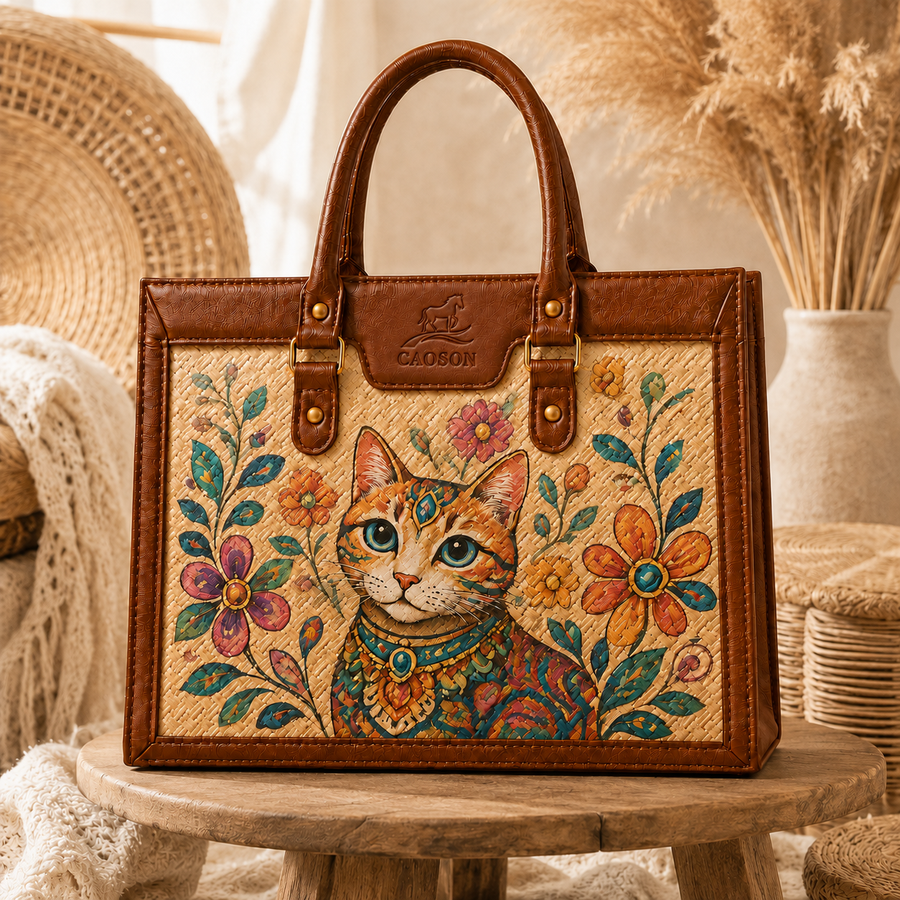 Hand-Painted Boho Cat Bag – Premium Structured Woven Bag | Caoson Premium