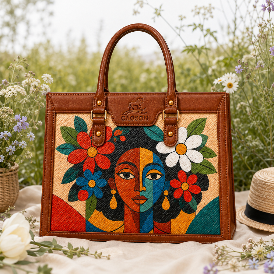 Artistic Cubism Portrait Hand-Painted Bag – African Chic Structured Woven Bag | Caoson Premium