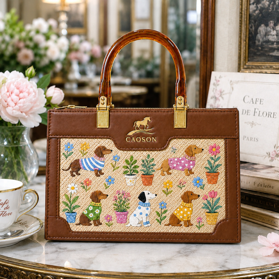 Hand-Painted Dachshund Garden Art Bag – African Empowerment Structured Woven Bag | Caoson Premium