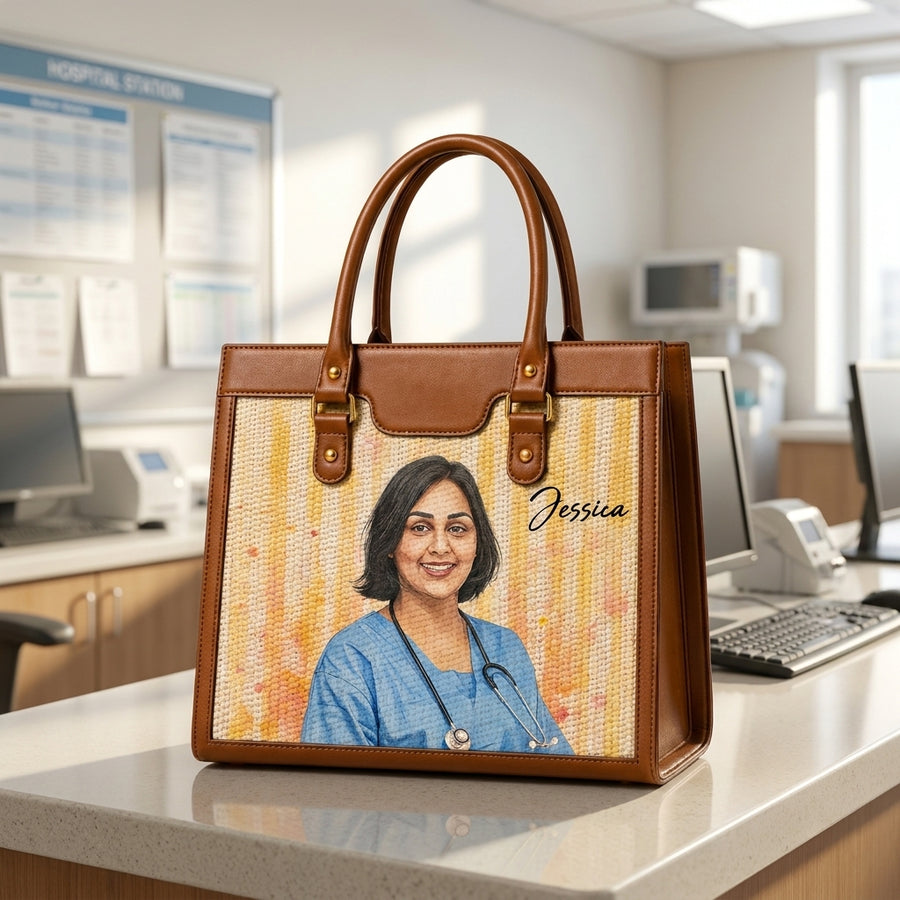 Personalized Nurse Portrait Tote Bag – Custom Name Luxury Work Bag- Caoson Premium